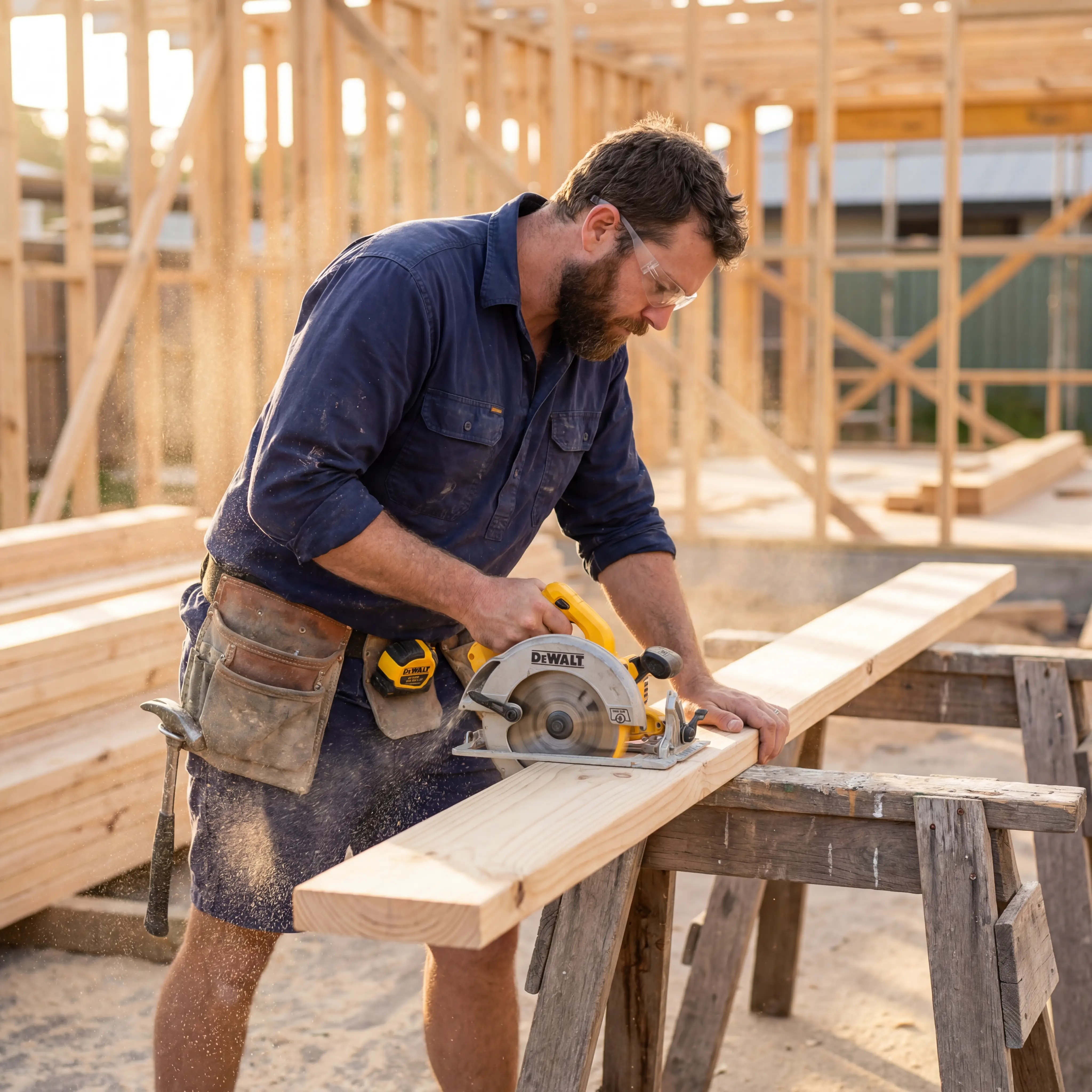 Aussie carpenter cutting hardwood timber with a circular saw on a worksite sawhorse.