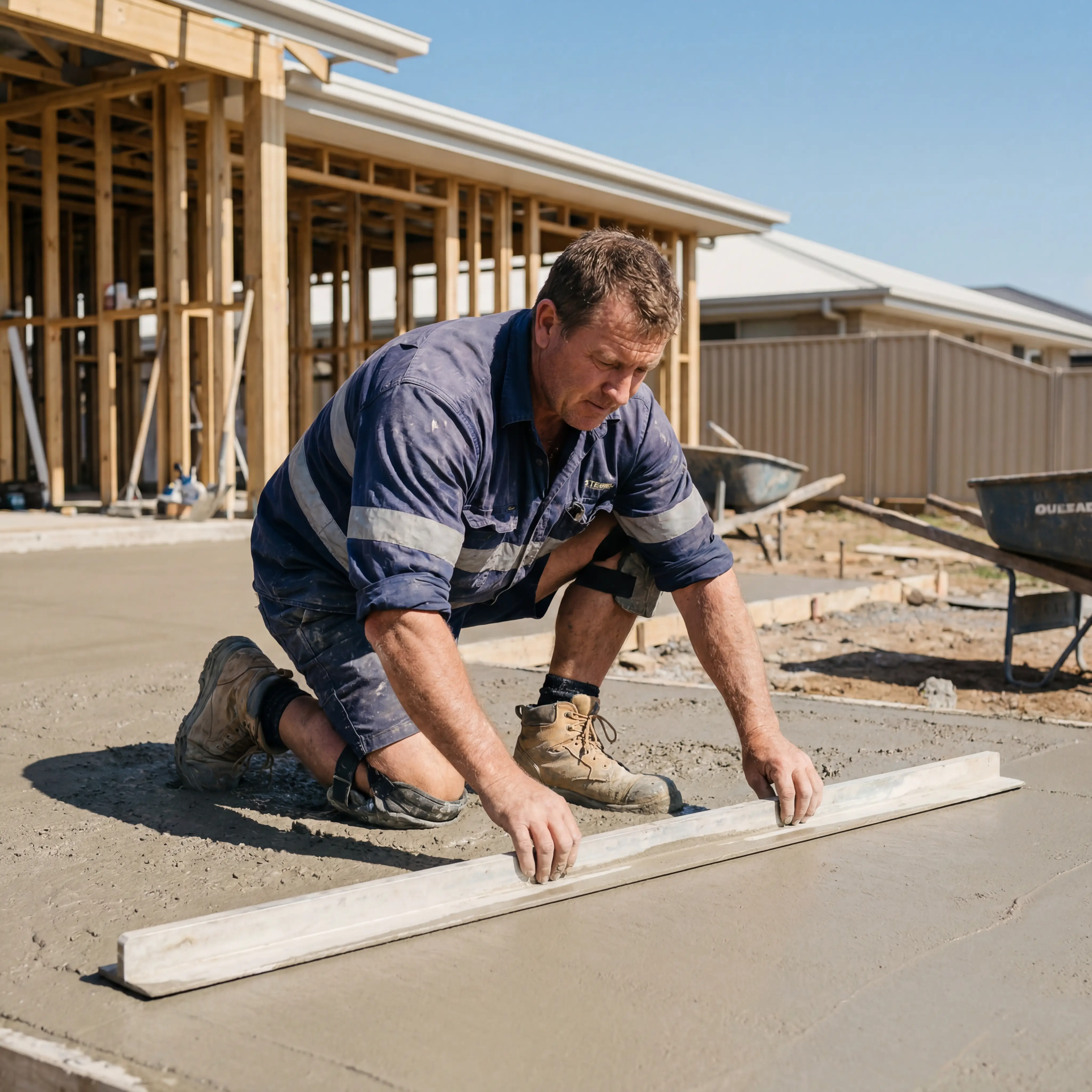 Aussie concreter smoothing a fresh slab with a magnesium float on a residential build site.