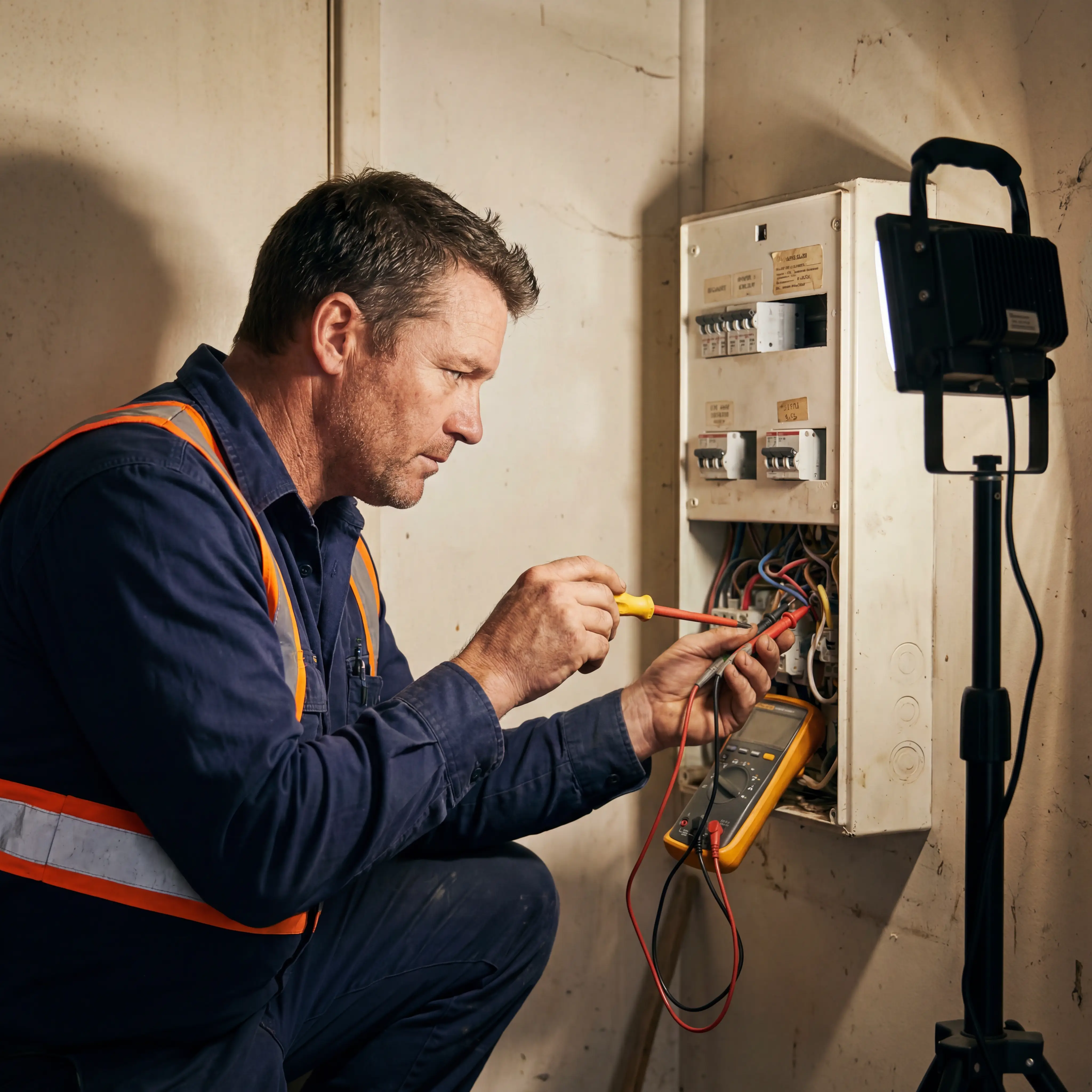 Aussie electrician working on a residential switchboard with a multimeter and screwdriver.