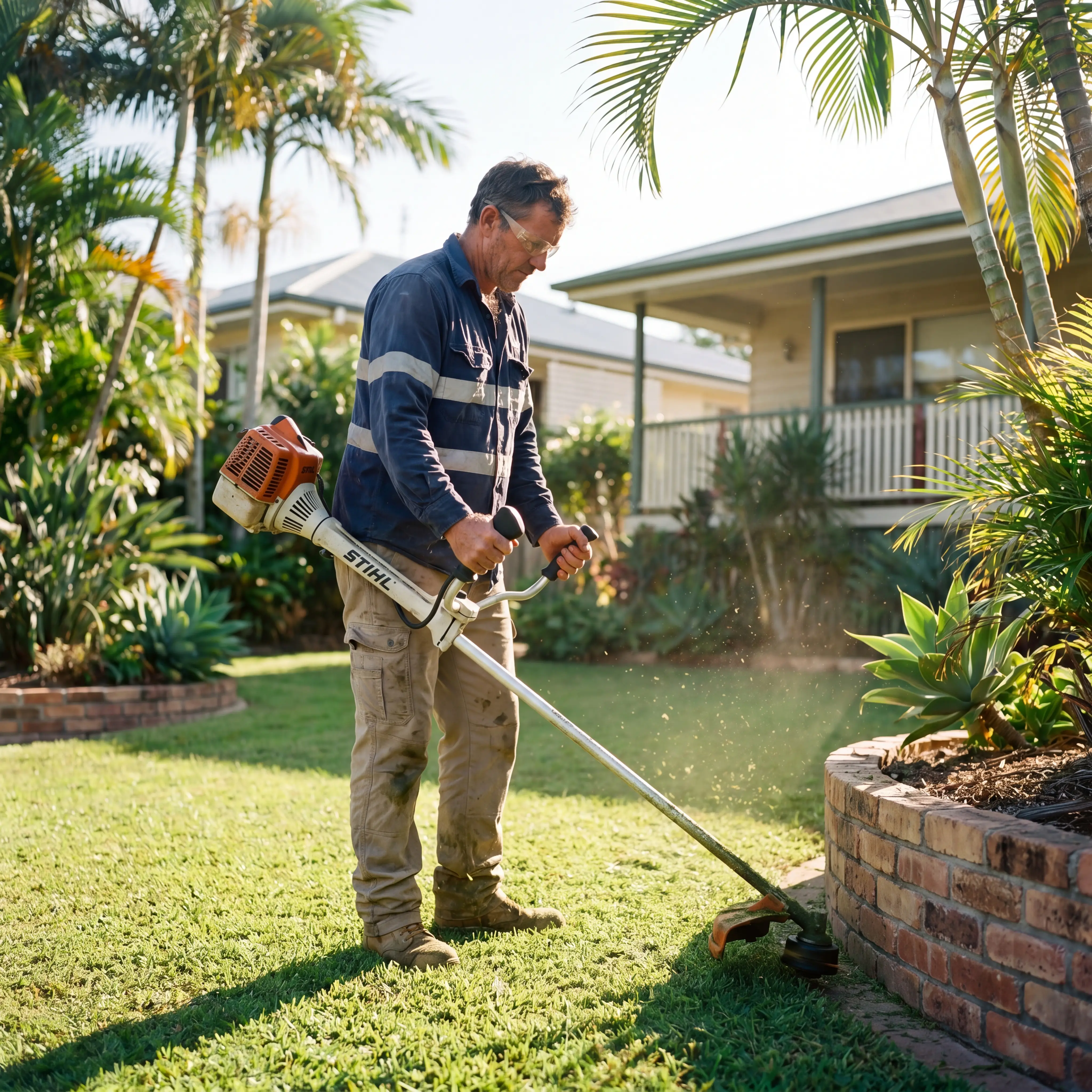 Aussie landscaper edging a Queensland residential lawn with a brushcutter.