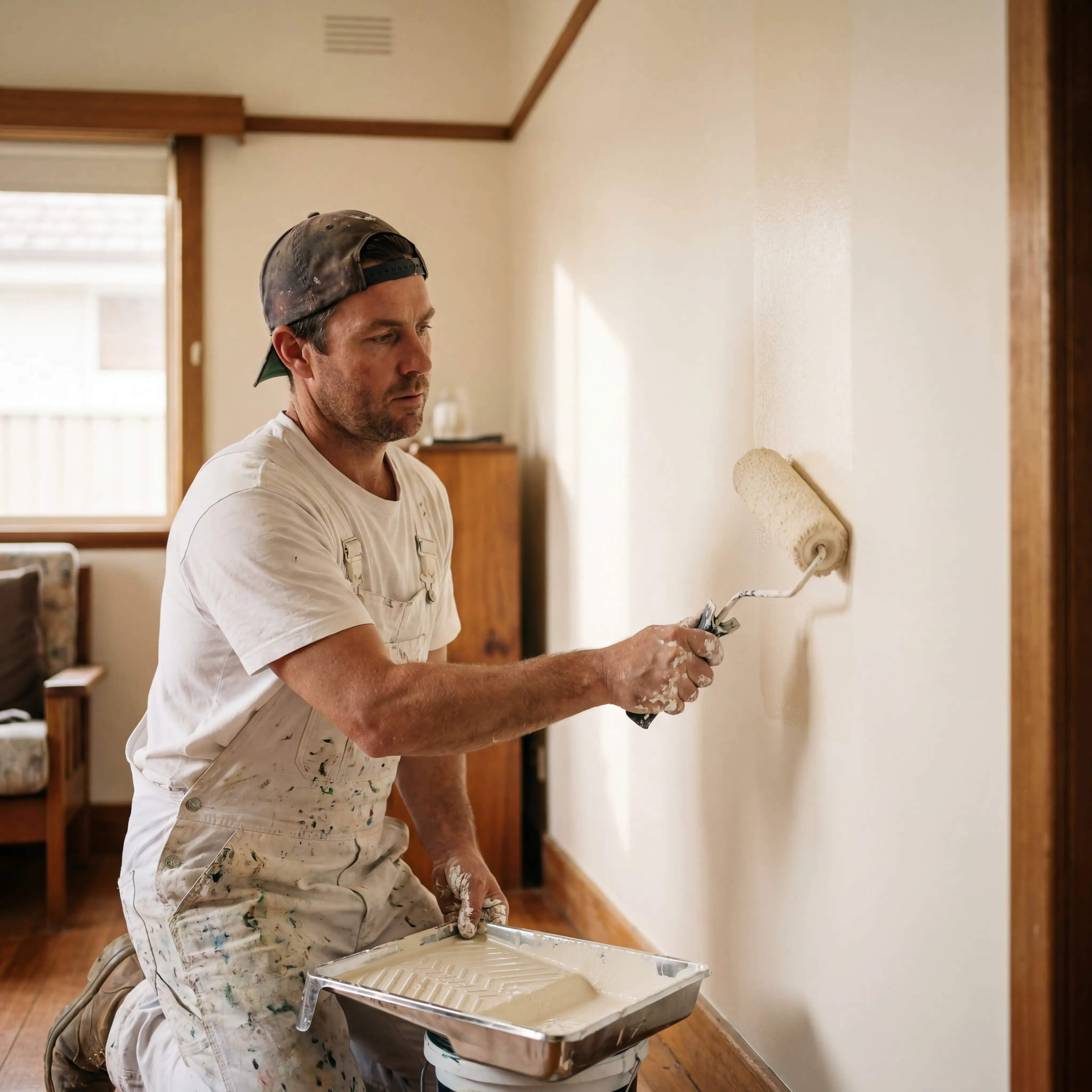 Aussie painter rolling cream paint onto an interior wall.
