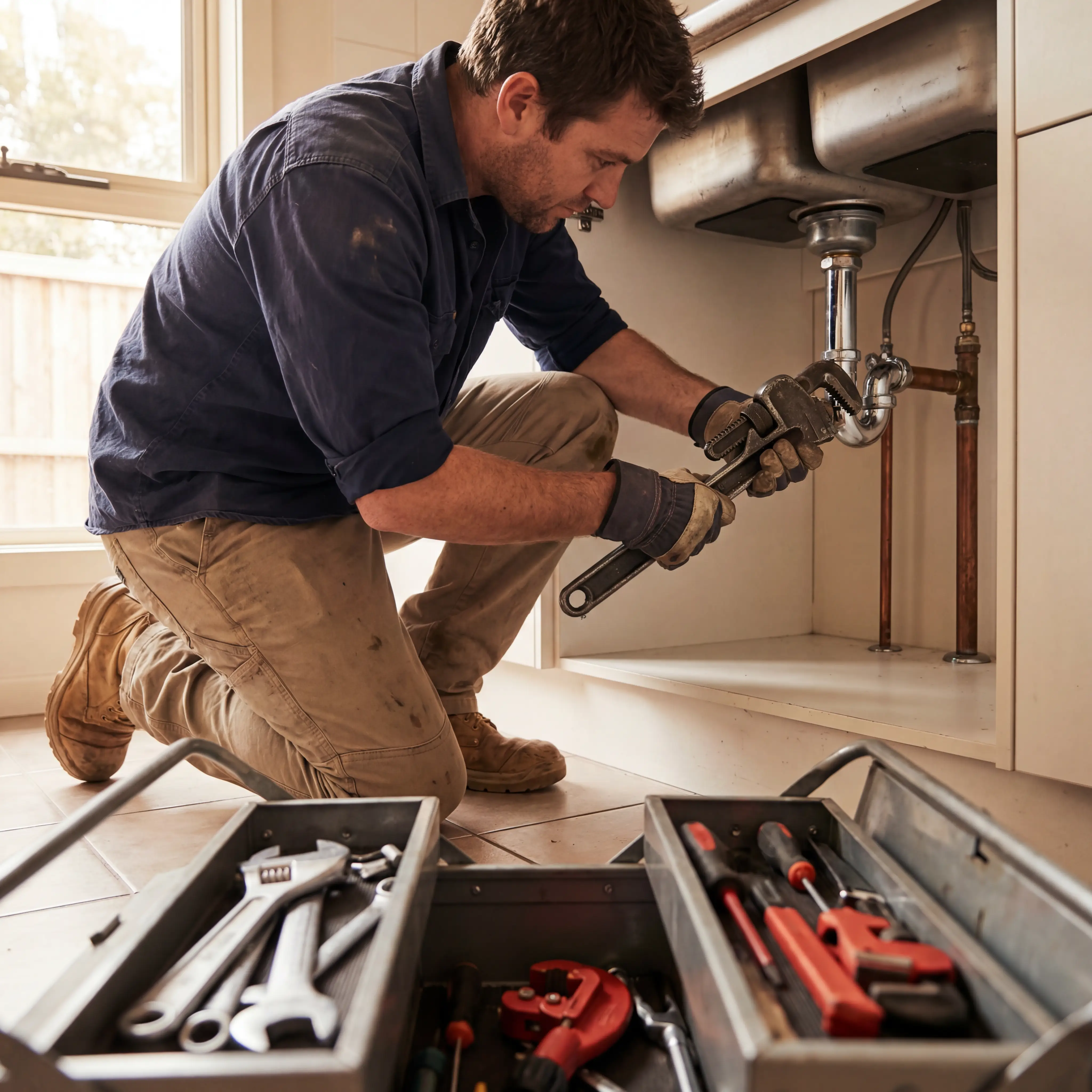 Aussie plumber tightening a chrome pipe fitting under a kitchen sink with an adjustable wrench.