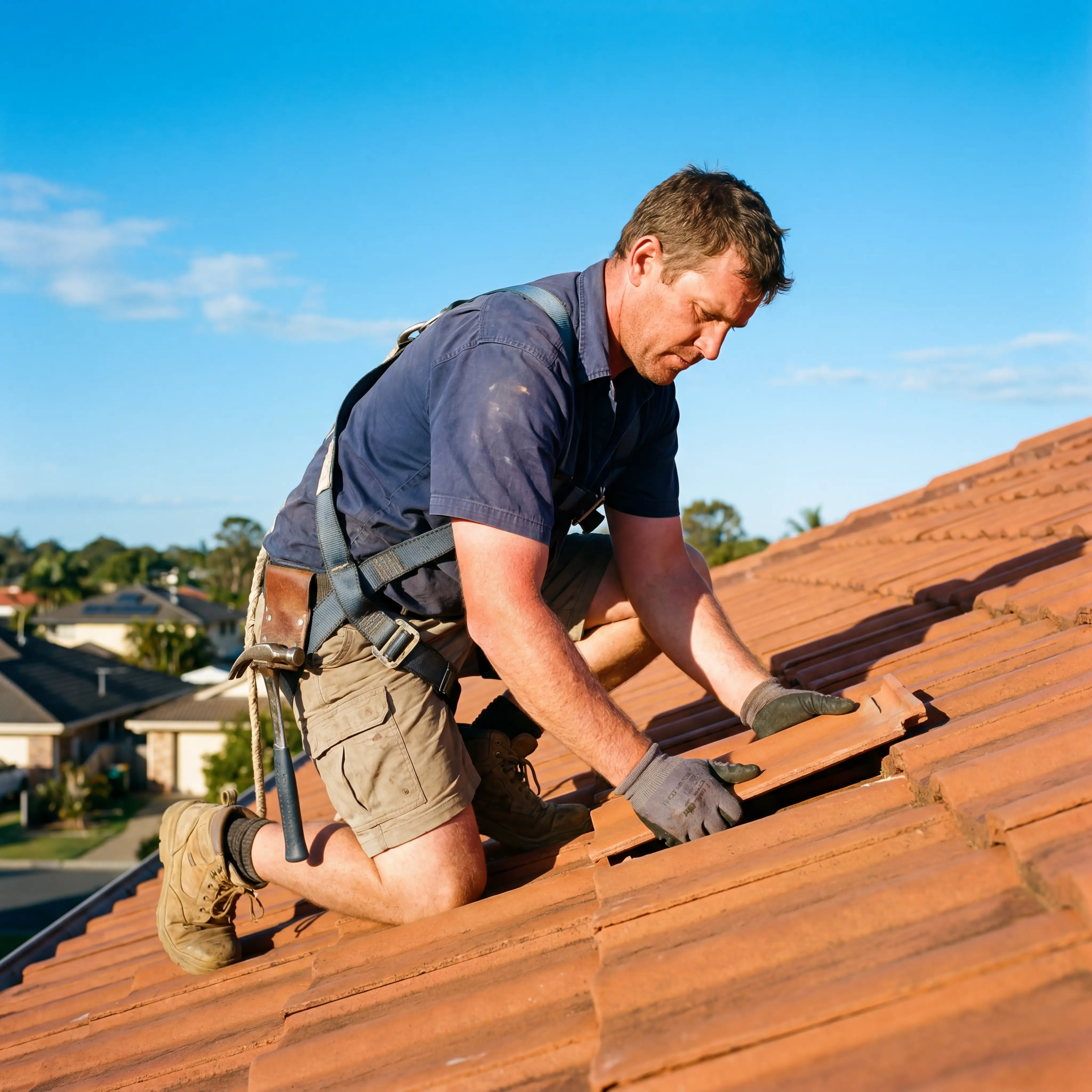 Aussie roofer laying terracotta tiles on a residential pitched roof in Queensland sunlight.