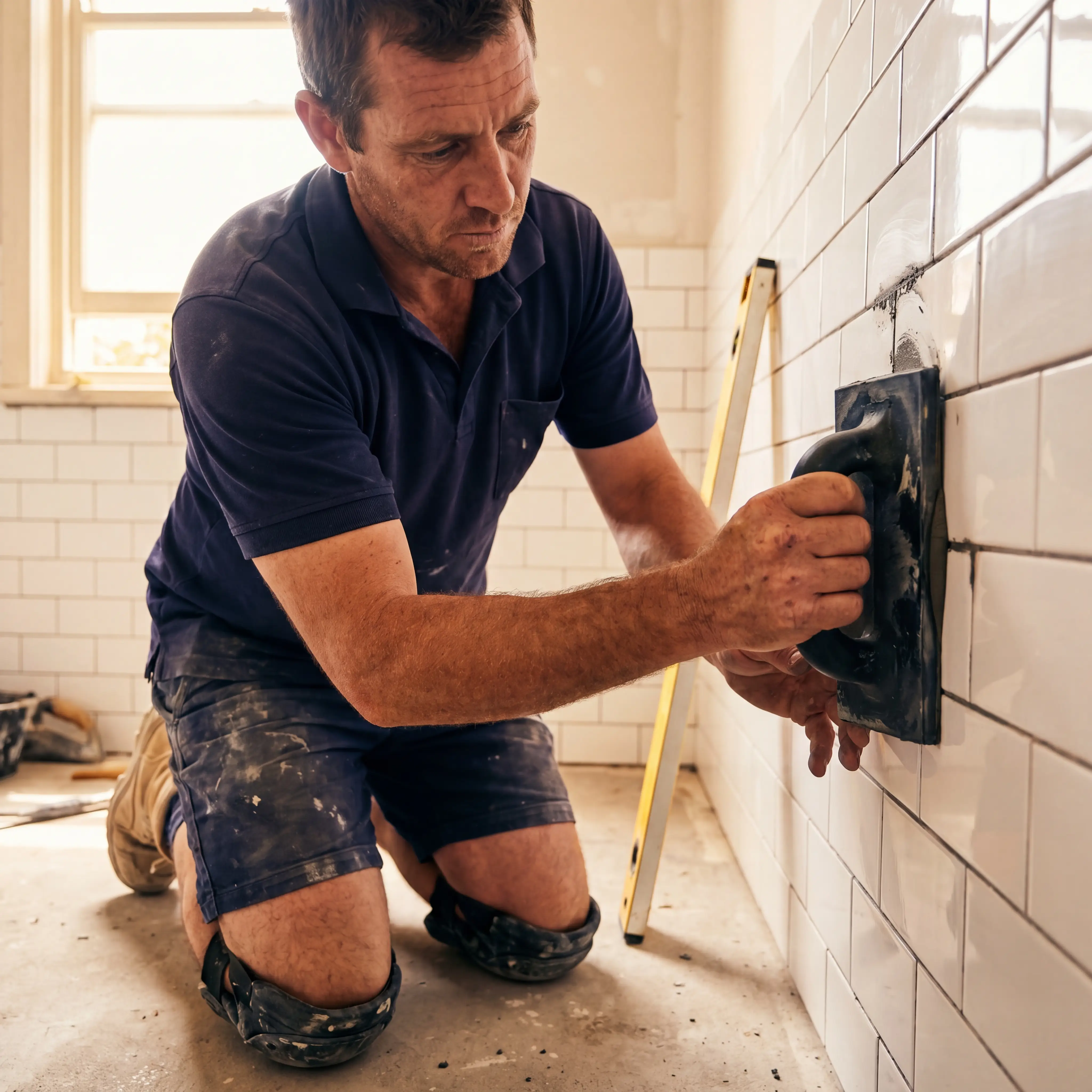 Aussie tiler applying grout between fresh white subway tiles in a bathroom.